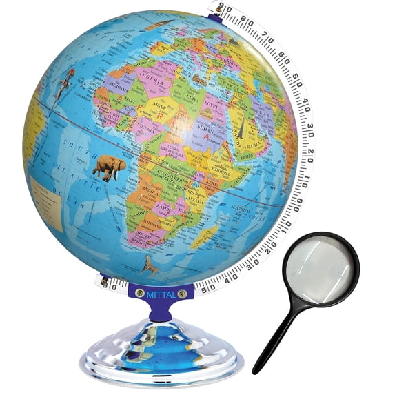 Globe 16 Inch Height, 12 Inch Diameter With Monuments Educational World Globe With 75mm Magnifying Glass Desk & Table Top Political Globe, Pack Of 1