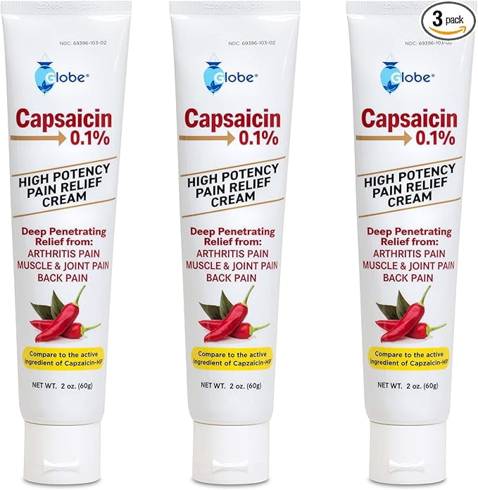 Globe (3 Pack) Capsaicin 0.1% High Potency Pain Relief Cream, Unscented (2 oz) Deep Penetrating Relief from: Arthritis, Muscle, Joint and Back Pain