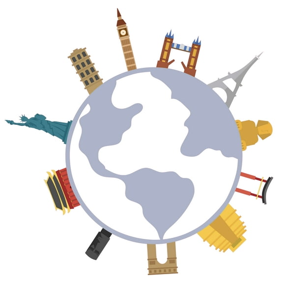 Globe Art with Countries and Their Tourist Spots Wall Decoration - Creative Art Design of the World Map with It's Wonders Vinyl Wall Decal - 20" x 19"