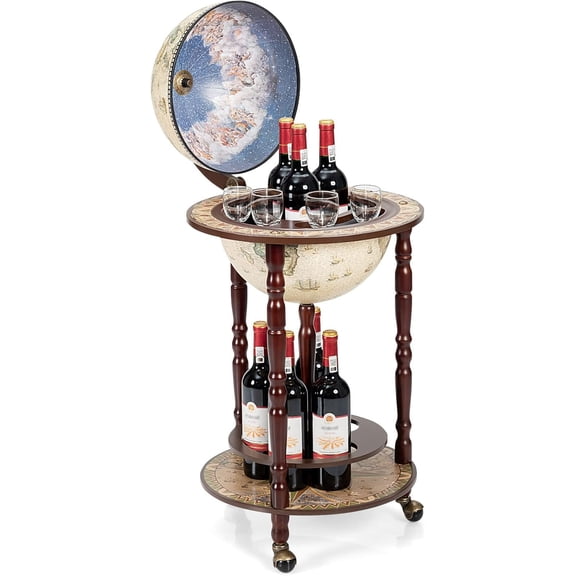 Globe Bar, 17.5 Wine Bar Stand Italian Wooden Globe Wine Cart Liquor Bottle Shelf, 16th Century Retro Wine Cupboard with Wheels for Dining Room Living Room, Creamy White