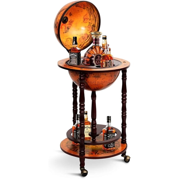 Globe Bar, 17.5 Wine Bar Stand Italian Wooden Globe Wine Cart Liquor Bottle Shelf, 16th Century Retro Wine Cupboard with Wheels for Dining Room Living Room, Retro Brown