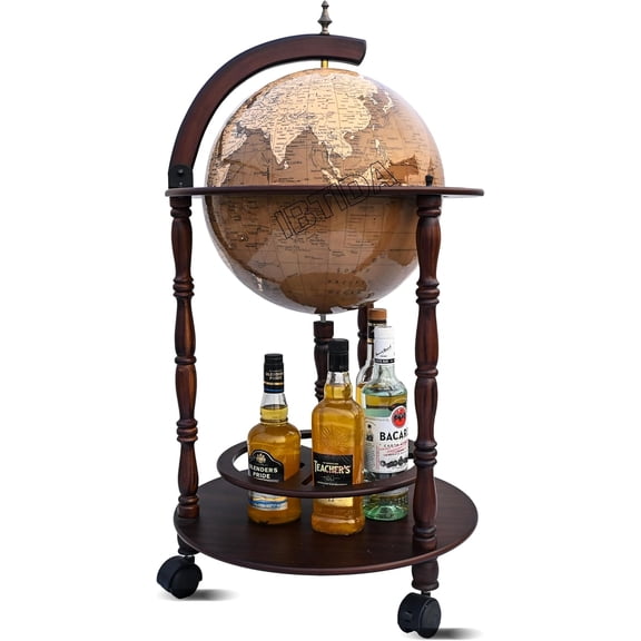 Globe Bar, 20 Wine Bar Wooden Stand Globe Wine Cart Liquor Bottle Shelf, 16th Century Retro Replica Wine Cupboard with Wheels for Dining Room Living Room, Retro Brown