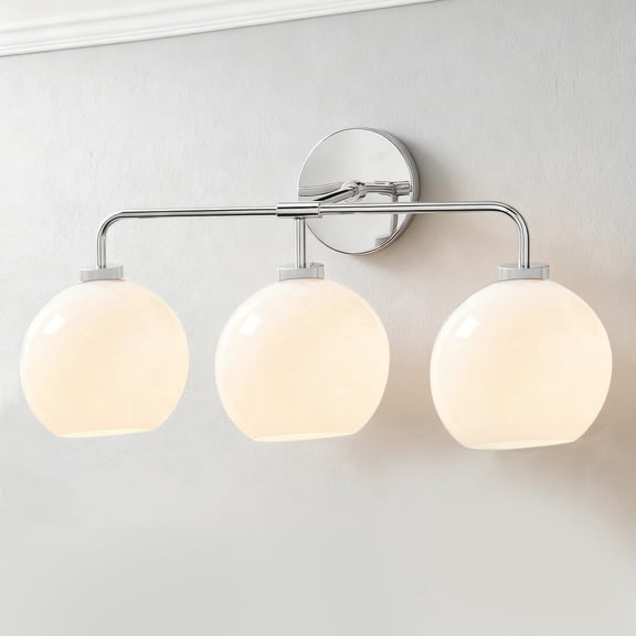Modern Round Milk Glass Globe Chrome Triple Metal Vanity Light, Hand-Polished Wall Lamp, Blow Glass Sconce over Mirror, for Hallway, Entryway