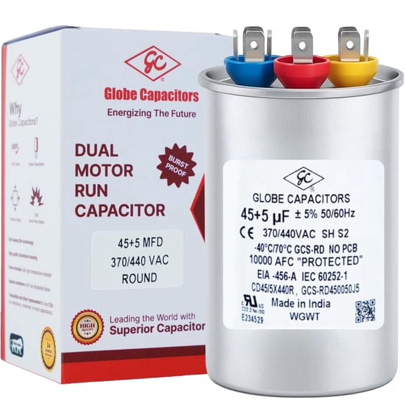 Globe Capacitor 45+5mfd 5% 370V/440V Round Dual Element CBB65 Motor Run/Start UL Recognized 45+5uf 370/440VAC 50/60hz Industrial Electrical