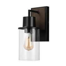Globe Electric 1-Light Matte Black & Faux Wood Outdoor Wall Sconce with Clear Glass Shade, 91005364