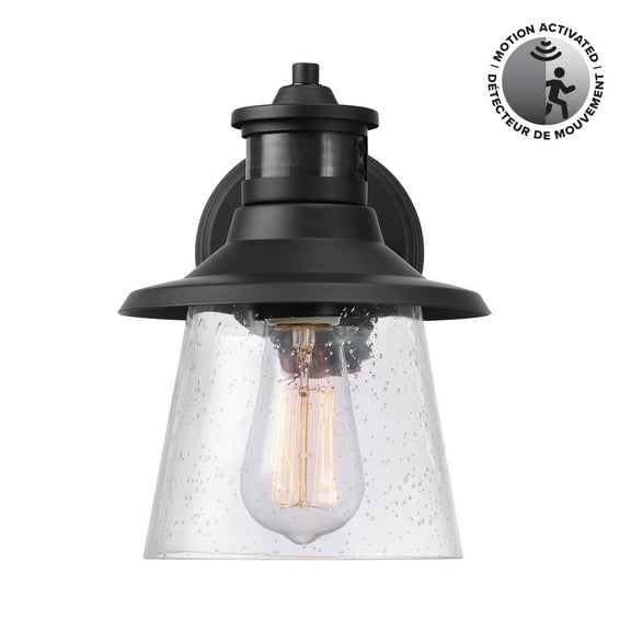 Globe Electric 1-Light Matte Black Motion Sensor Outdoor Wall Sconce w/ Clear Glass Shade, 91007607