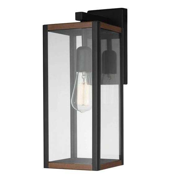 Globe Electric 1-Light Matte Black Outdoor-Indoor Wall Sconce, Faux Wood Accents, Glass Shade