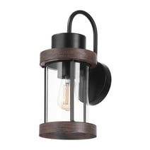 Globe Electric 1-Light Matte Black Outdoor Wall Sconce w/ Glass Shade & Faux Wood Accents, 91005365