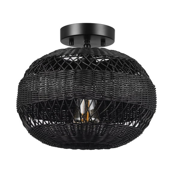 Globe Electric 1-Light Matte Black Semi-Flush Mount Contemporary Rattan Ceiling Light, 91005774