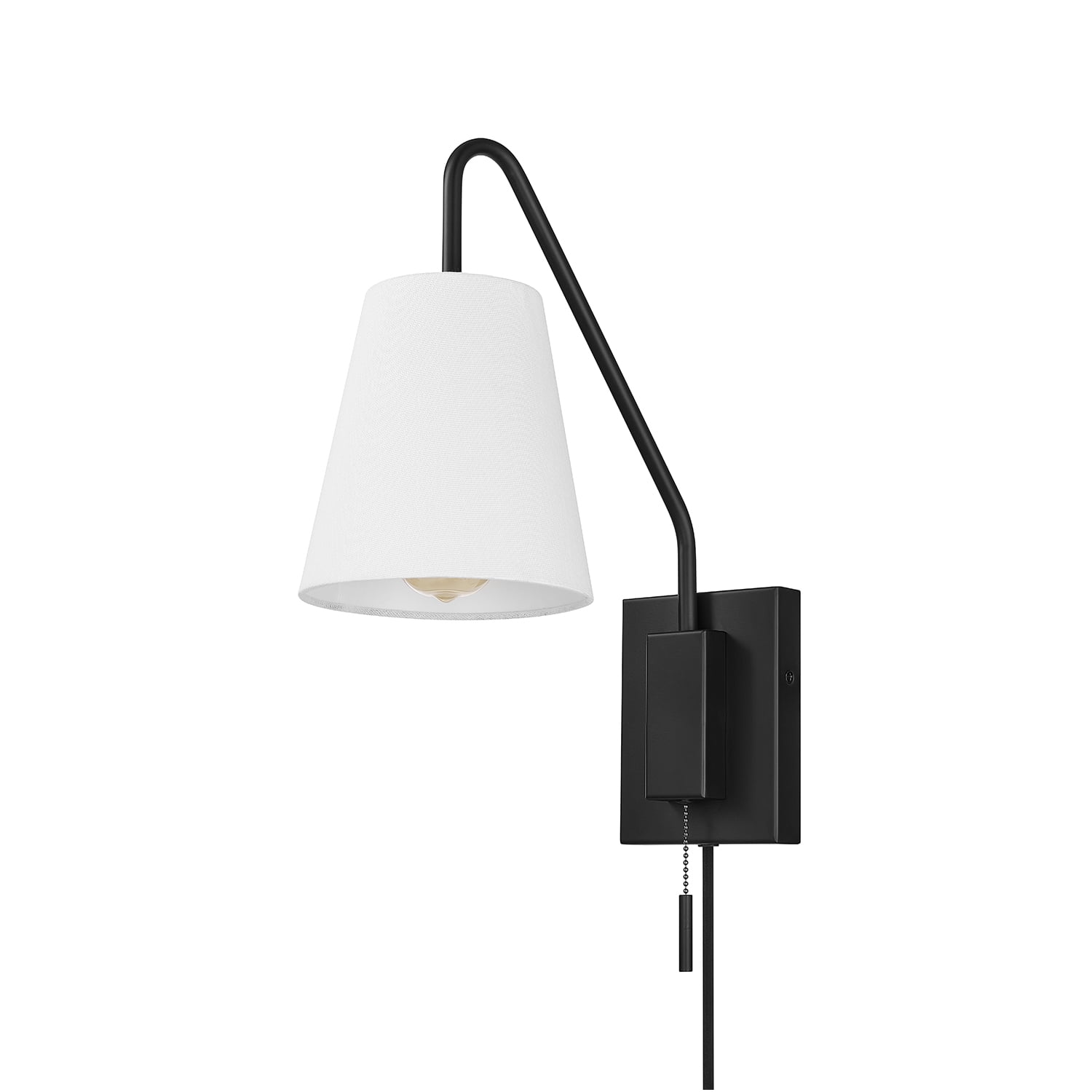 Globe Electric 1-Light Matte Black Plug-in or Hardwire Indoor Wall Sconce, White Fabric Shade