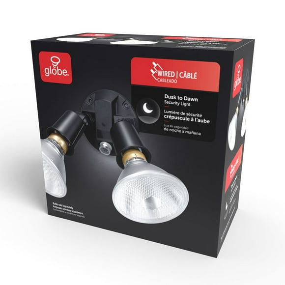 Globe Electric 240 W Twin Head Black Hardwired Automatic Dusk to Dawn Security Flood Light, Spotlight, Outdoor, Outside House Lights