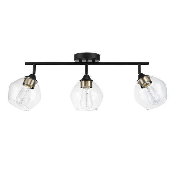 Globe Electric 3-Light Matte Black Track Lighting with Antique Brass Accents and Clear Glass Shades, Bulbs Included