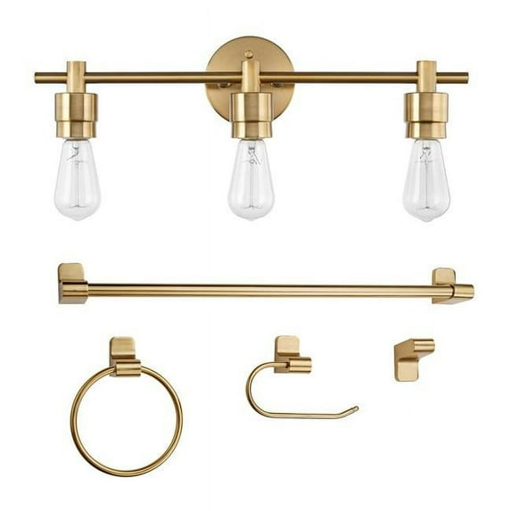 Globe Electric Minimalist 5-Piece Matte Brass Bathroom Set with 3-Light LED Vanity Light