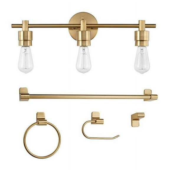 Globe Electric Minimalist 5-Piece Matte Brass Bathroom Set with 3-Light LED Vanity Light