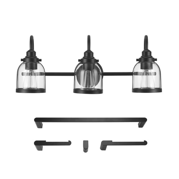 Globe Electric 52064 Devonport 5-Piece All-in-One Bathroom Set, Matte Black, 3-Light Vanity Light with Clear Glass Shades, Towel Bar, Towel Ring, Robe Hook, Toilet Paper Holder