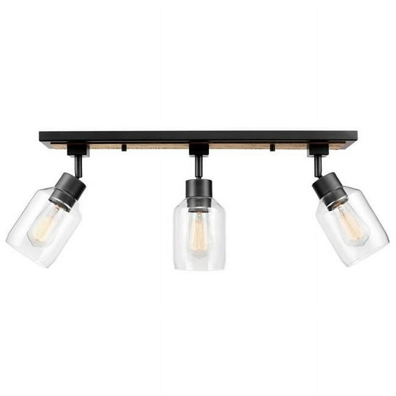 Globe Electric 25" 3-Light Faux Wood and Matte Black Indoor Track Light, Clear Glass Shades