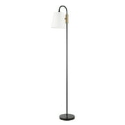 60" Matte Black Floor Lamp with Brass Accents and White Fabric Shade