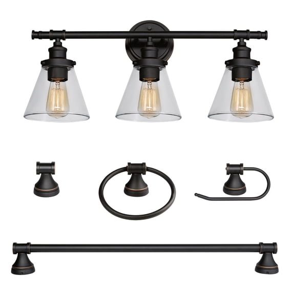 Globe Electric Vintage Style 5-Piece Oil Rubbed Bronze Bath Set with 23" 3-Light LED Vanity Light