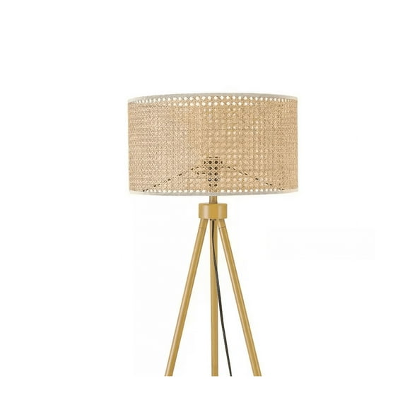 Globe Electric 60 in. Faux Wood Floor Lamp with Rattan Shade and Tripod Base, On/Off Rotary Switch on Socket