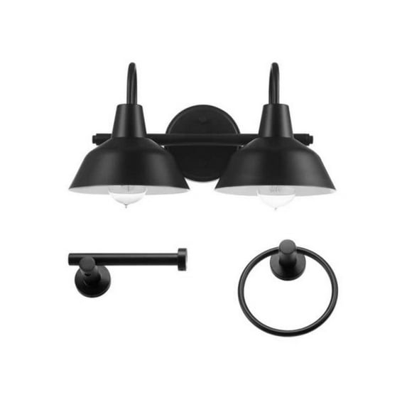 Open Box Globe Electric 63000004 3-Piece Bathroom Set, Matte Black, 15.5" 2-Light Vanity Light, Towel Ring, Toilet Paper Holder, Bulb Not Included
