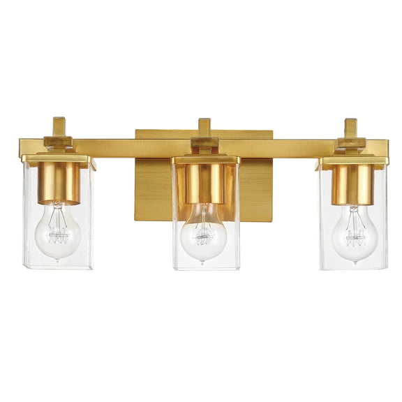 Globe Electric Dakota 3-Light Matte Brass Vanity Light with Dark Faux Wood Accents and Seeded Glass Shades, 65564