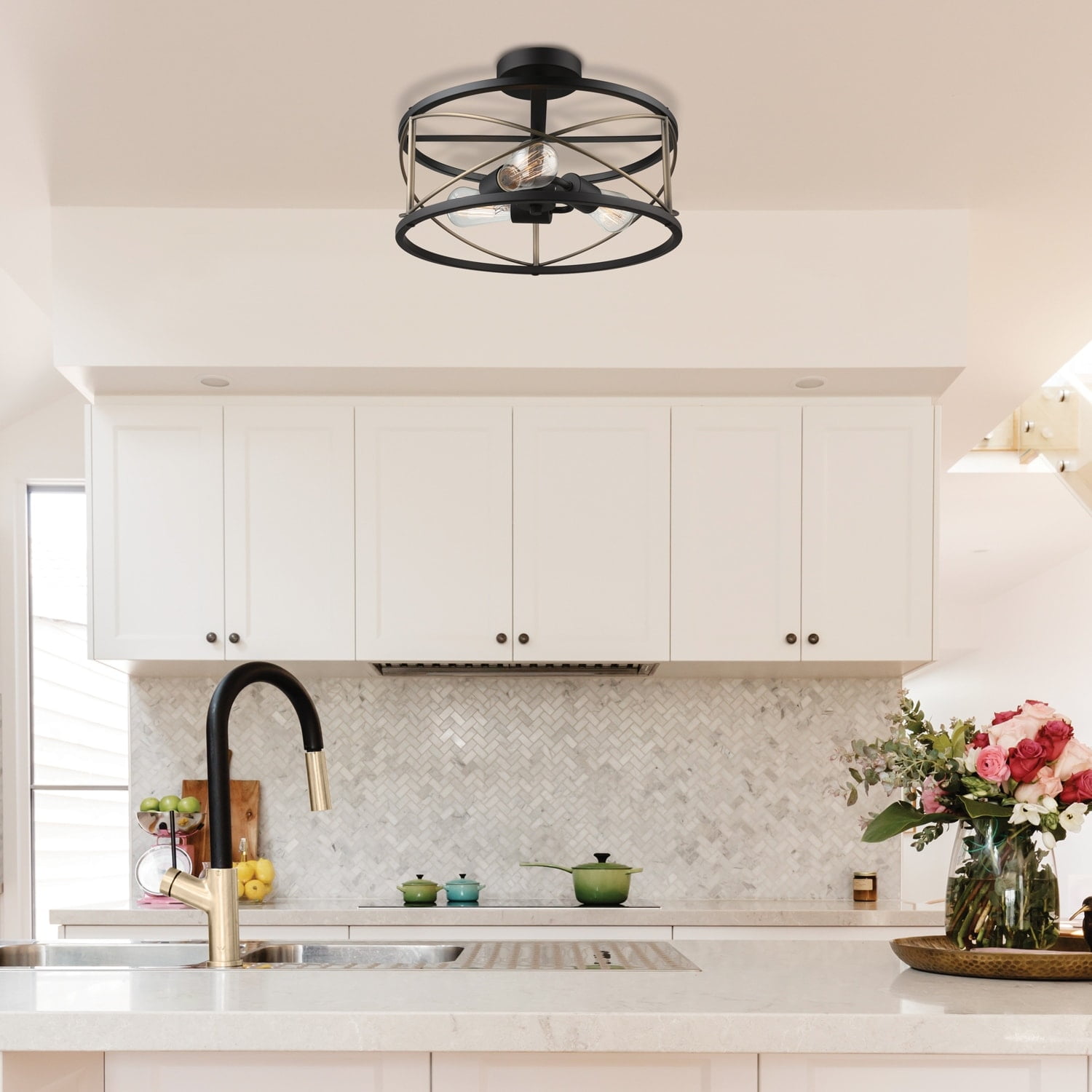 Denali Matte Black and Brass Geometric 3-Light Flush Mount