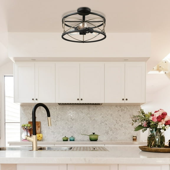 Globe Electric Denali 3-Light Matte Black Flush Mount Ceiling Light with Brass Accents, 60869