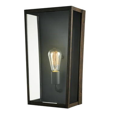 Globe Electric Greer 1-Light Matte Black and Faux Wood Outdoor Wall Sconce with Clear Glass Shade, 44788