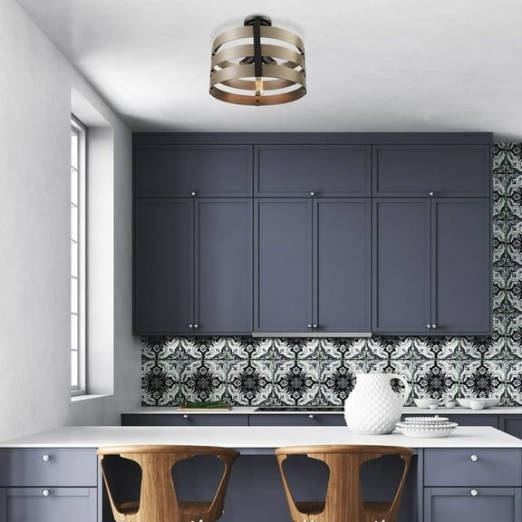 Globe Electric Maddox 3-Light Matte Black and Faux Wood Flush Mount Ceiling Light, 60804