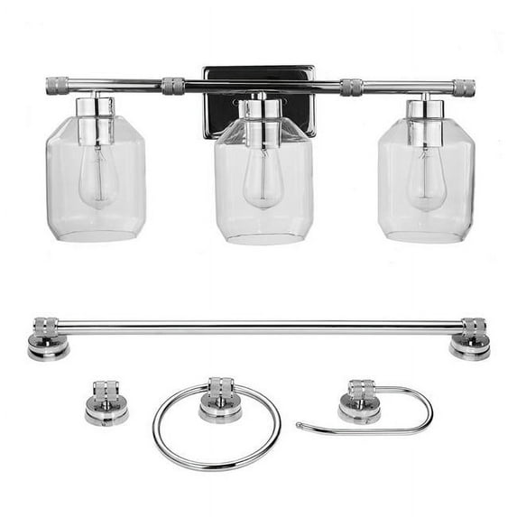 Globe Electric Middleton 5-Piece Chrome All-In-One Bathroom Hardware Set with 3-Light Vanity Light Fixture and Clear Glass Shades, Vintage Edison Bulbs Included, 51528