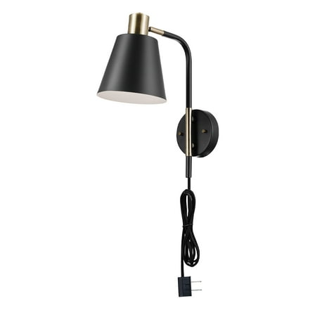 Globe Electric 51374 Novogratz x Globe 1-Light Plug-In or Hardwire Wall Sconce, Matte Black - Antique Brass Accents, Black Cloth Cord