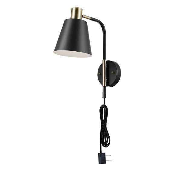 Globe Electric 51374 Novogratz x Globe 1-Light Plug-In or Hardwire Wall Sconce, Matte Black - Antique Brass Accents, Black Cloth Cord