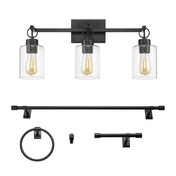 Globe Electric Refined Industrial 5-Piece Matte Black Bathroom Set with 3-Light LED Vanity Light