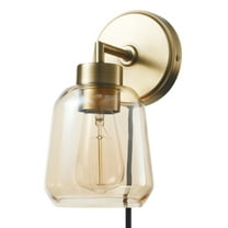 Globe Electric 1-Light Matte Brass Plug-in or Hardwire Indoor Wall Sconce, Smoked Amber Glass Shade