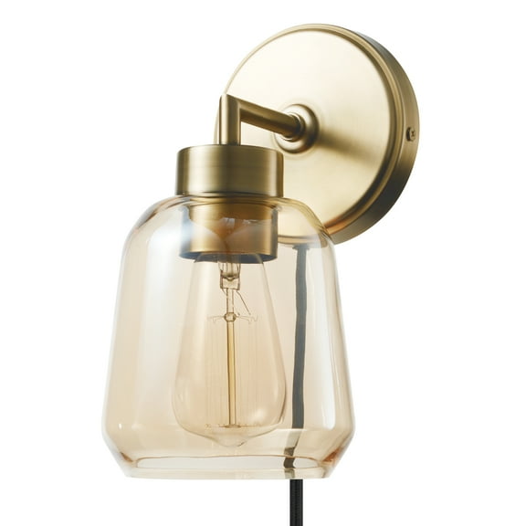 Globe Electric 1-Light Matte Brass Plug-in or Hardwire Indoor Wall Sconce, Smoked Amber Glass Shade