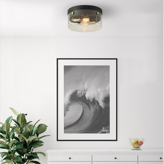Globe Electric 2-Light Matte Black Indoor Flush Mount Ceiling Light Brass Accents Glass Shade