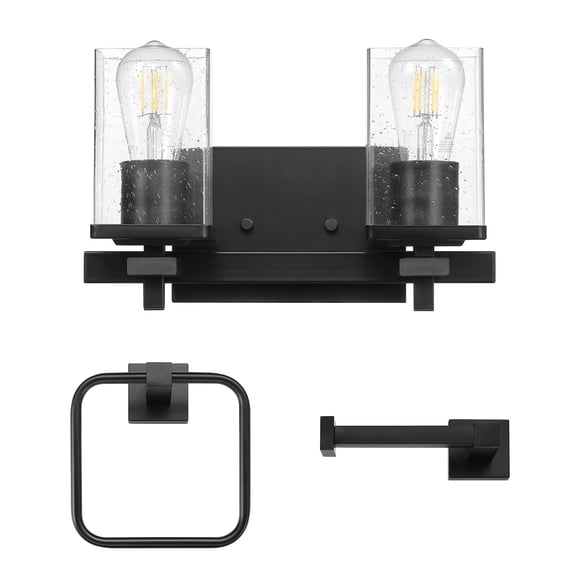 Globe Electric Upscale Industrial 3-Piece Matte Black Bathroom Accessory Set with 13" 2-Light LED Vanity Light