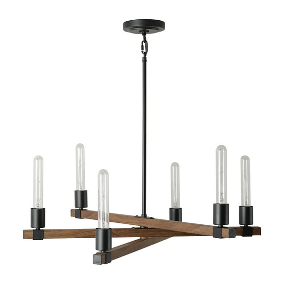 Globe Electric Walken 6-Light Matte Black Chandelier with Faux Wood Accents, 60546