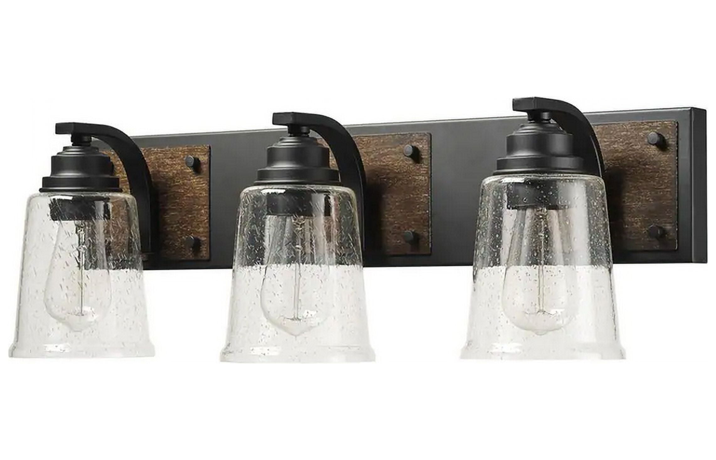 Matte Black and Faux Wood 24" Dimmable Vanity Light with Seeded Glass Shades