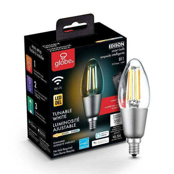 Globe Electric Wi-Fi Smart 40W Equivalent Vintage Filament Tunable White LED Light Bulb, No Hub Required, Voice Activated, Energy Star, B11 Shape, E12 Candelabra Base, 34918
