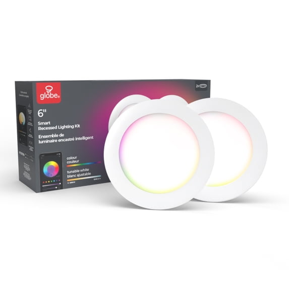 Globe Electric Wi-Fi Smart 6" Ultra Slim LED Multicolor Changing RGB Tunable White Recessed Lighting Kit 2-Pack, No Hub Required, Voice Activated, 12 Watts, 50069