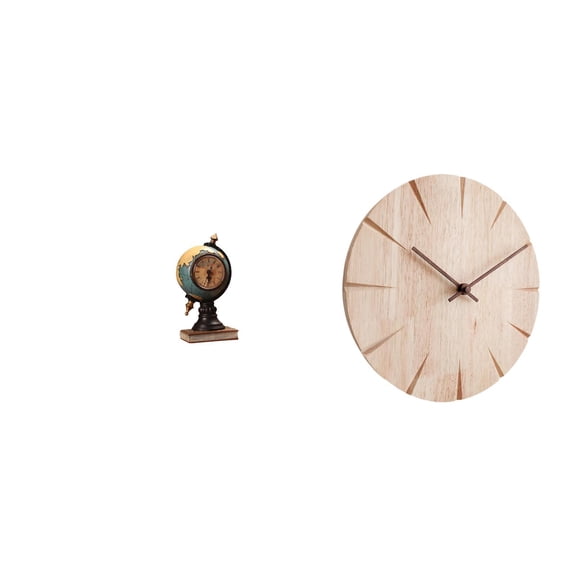 Globe Figurine Table Clock Round Wall Clock Solid Wood Desk Resin Material for Office Bedroom Living Room Decoration