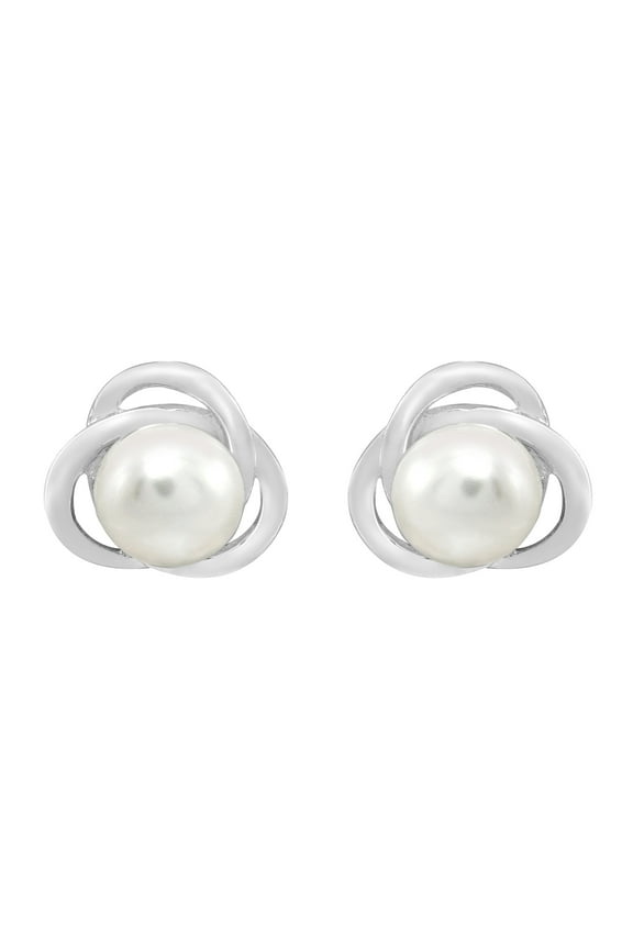 Globe Framed Classic Freshwater White Pearl Sterling Silver Stud Earrings
