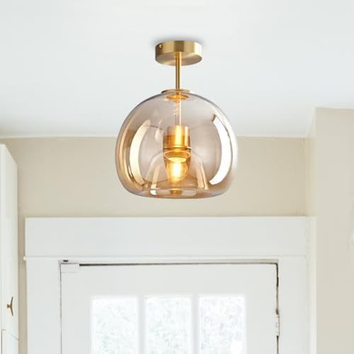 Globe Glass Ceiling Light Fixtures, 9.84 inch Hallway Ceiling lamp, Modern Round Semi Flush Mount Ceiling Light for Hallway Porch Corridor Kitchen in Amber$$Tools & Hardware Other