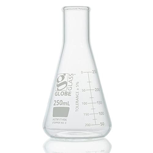 Globe Glass, Erlenmeyer Flask, 250mL, Heavy Duty, Narrow Mouth, Dual Graduations, ASTM E1406, 6/Box