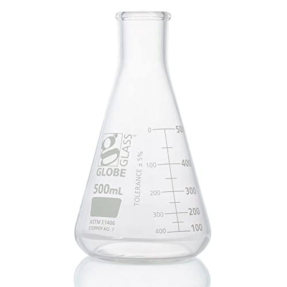 Globe Glass, Erlenmeyer Flask, 500mL, Heavy Duty, Narrow Mouth, Dual Graduations, ASTM E1406, 1/Box