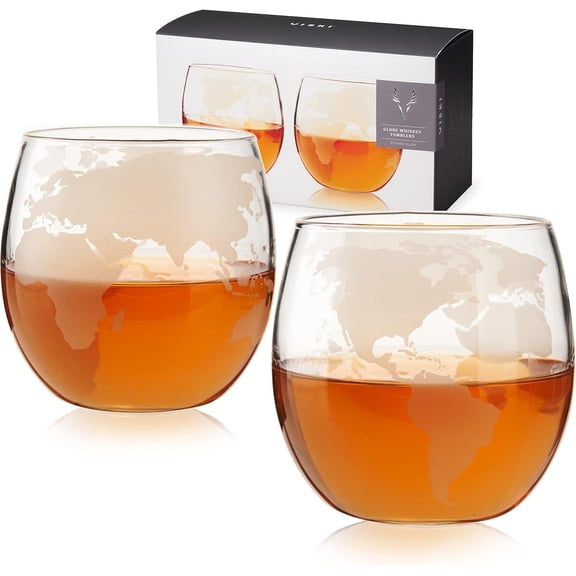 Globe Glass  Tumblers, Etched Glass  Enthusiast  and Glassware Accessory, 10 oz, Set of 2