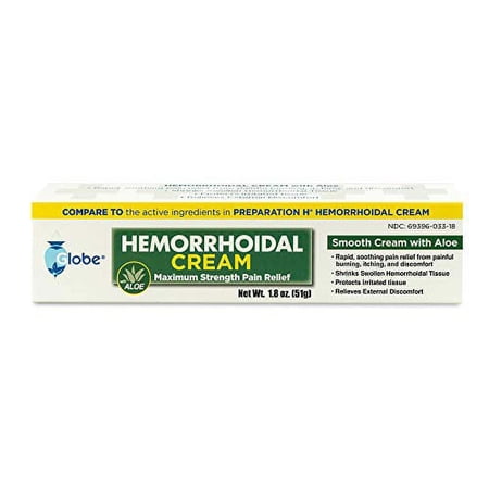 Globe Hemorrhoid Cream - Numbing Hemorrhoid Medicine with Natural Aloe - Relief from Piles, Itching, Burning, Discomfort, & More - 1.8oz Ointment Tube - Compare the Active Ingredients to Preparation H