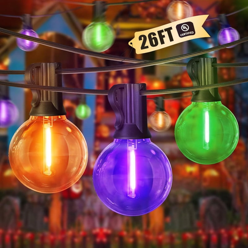 Globe Outdoor Halloween String Lights, 26FT Patio Lights with 12+1Edison Shatterproof Bulbs(1Spare), connectable Dimmable for Backyard Porch Decor,Orange Green Purple