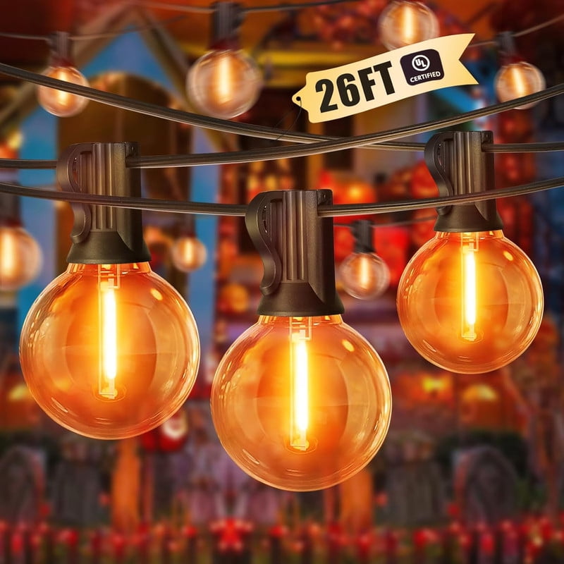 Globe Outdoor Halloween String Lights, 26FT Patio Lights with 12+1Edison Shatterproof Bulbs(1Spare), connectable Dimmable for Backyard Porch Decor,Orange